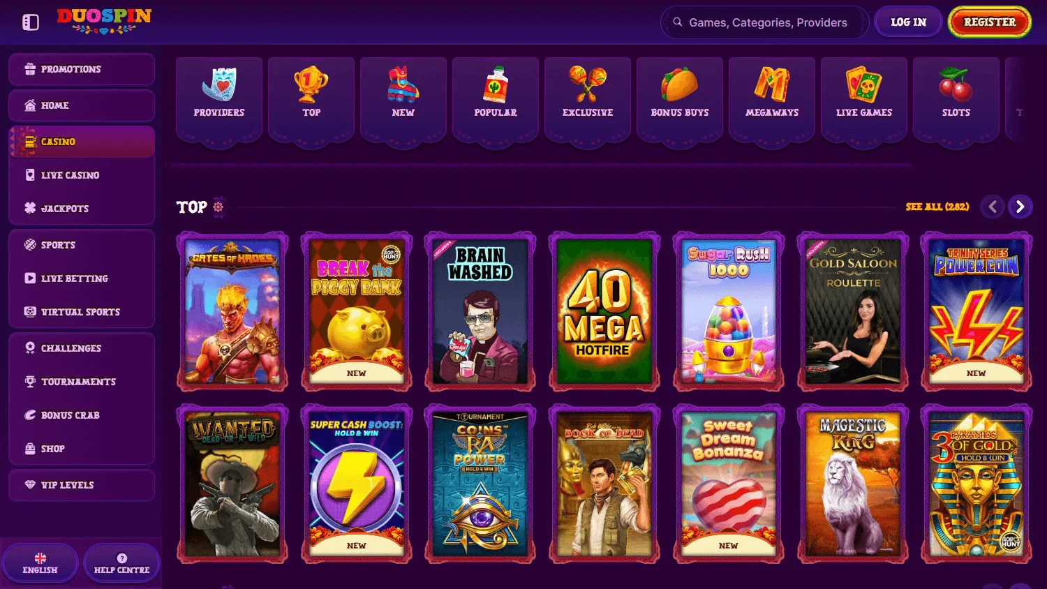 Duospin Casino desktop games interface
