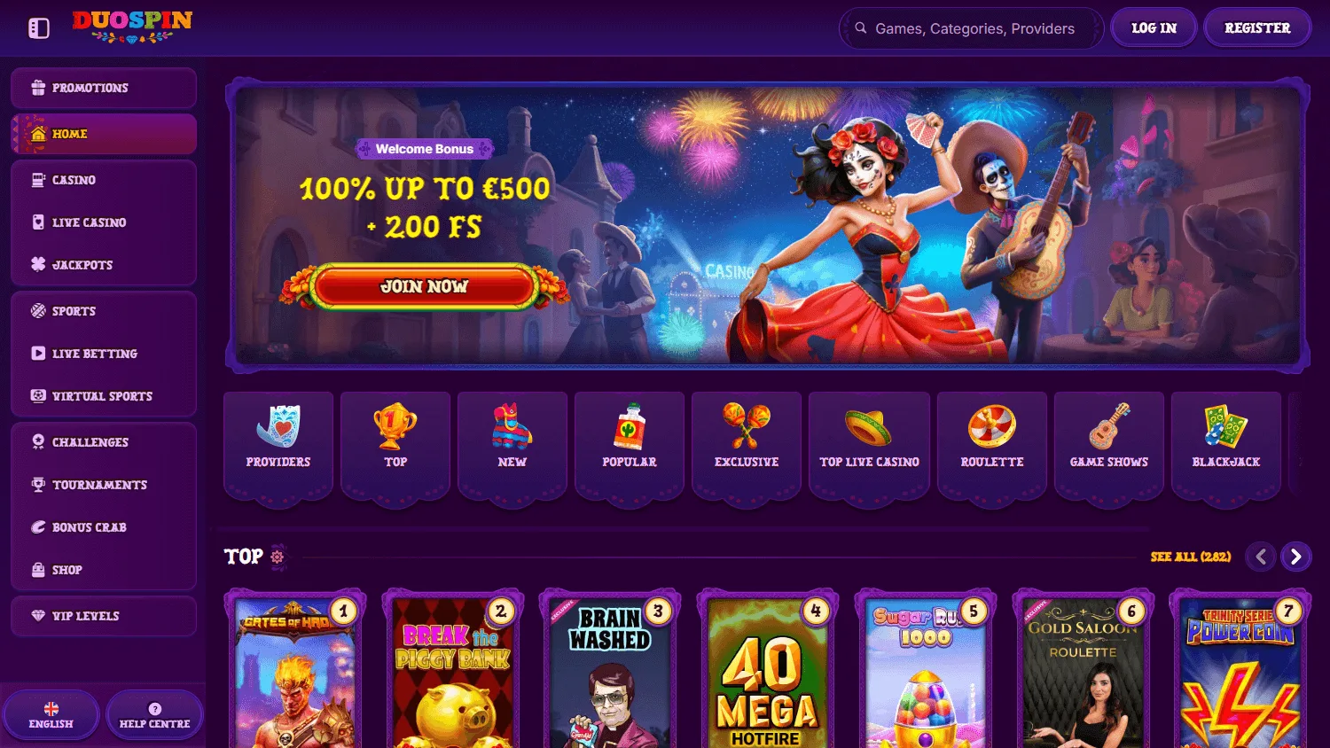 Duospin Casino desktop home interface