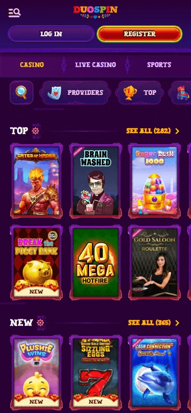 Duospin Casino mobile games interface on a smartphone
