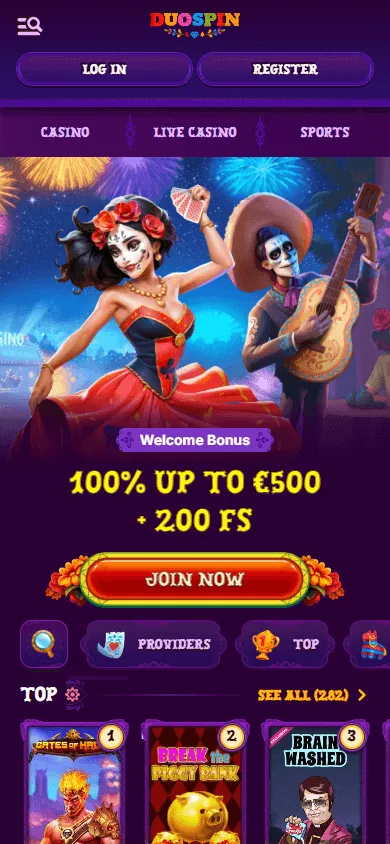Duospin Casino mobile home interface on a smartphone