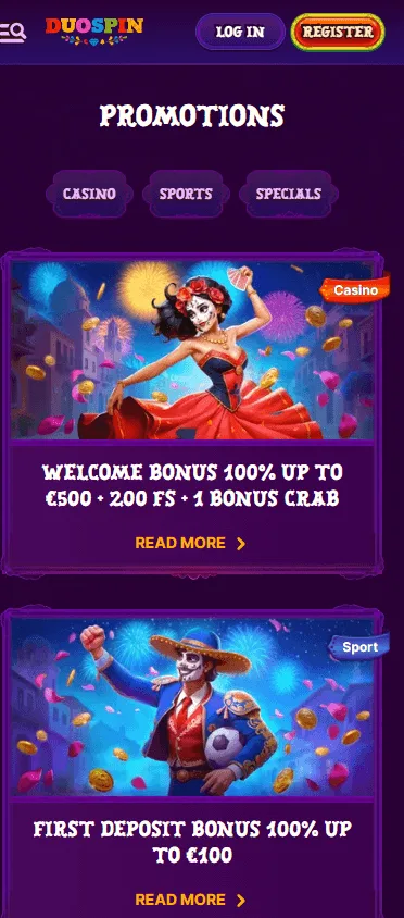 Duospin Casino mobile promotions interface on a smartphone